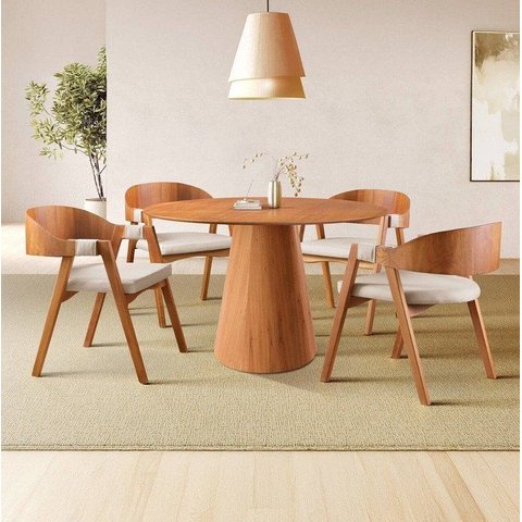 Conjunto Sala de Jantar Mesa Cone Amadeirada 120 cm + 4 Cadeiras Luna