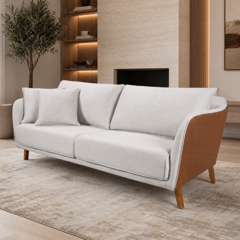 Sofá Living Hórus Tecido Composê Linho Cru e Marrom Terracota 2,00m