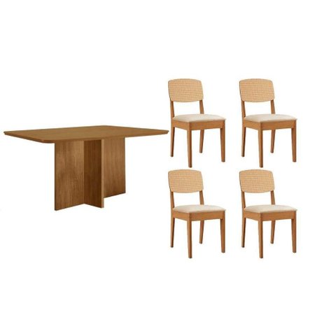 Conjunto: Mesa Sala Jantar Berlim Curvo 120cm + 4 Cadeiras Havana Naturale - Suede Creme - Rufato