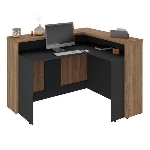 Mesa Balcao Atendimento Recepcao Tampo Tamburato 135x118 cm Nogal Preto Artany