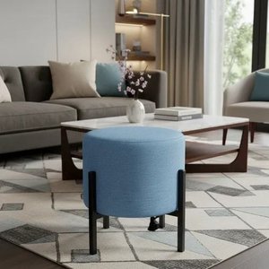 Puff Redondo com Pés de Aço, 40x40x43 Cm, Tecido Blouclé Veneza na Cor Azul