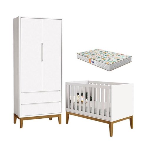 Berço Americano e Guarda Roupa 2 Portas New Classic Branco com Pés Madeira e Colchão Gazin –