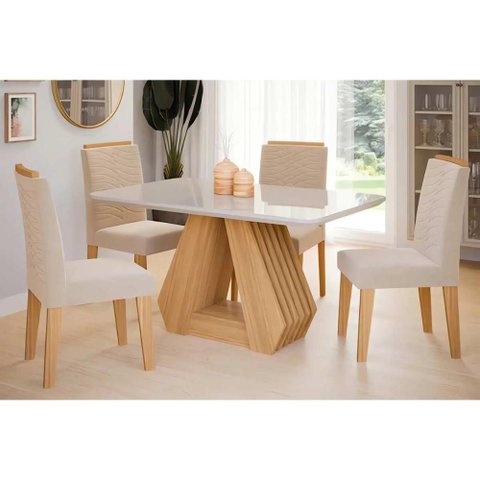 Conjunto: Mesa Sala Jantar Ágata Tampo Madeirado C/ Vidro 130x80cm e 4 Cadeiras Clarice Savana-