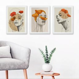 Kit 3 Quadros Mulheres Flores Amarelas e Laranja 33x24cm:moldura Branca - 2