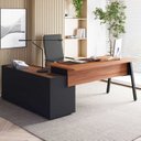 Ver imagem 1 de Mesa L Diretor Escritório com Armário Lateral 3 Gavetas 200cm Industrial Tampo Cavado e Pés Metal Executive Nogal E Preto