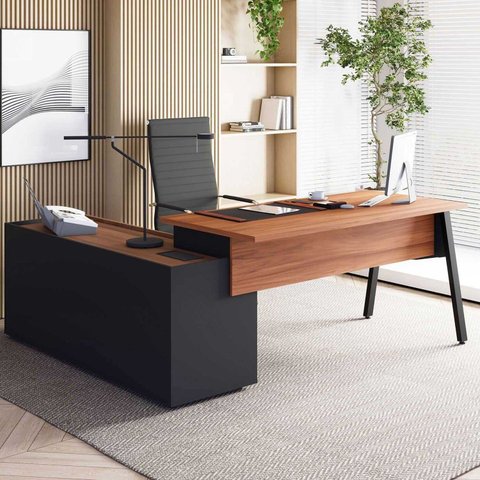 Mesa L Diretor Escritório com Armário Lateral 3 Gavetas 200cm Industrial Tampo Cavado e Pés Metal Executive Nogal E Preto