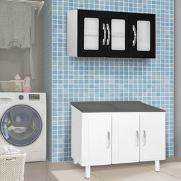 ARMARIO DE COZINHA/LAVANDERIA SUSPENSO 3 PORTAS DE VIDRO E AÇO BRANCO PRETO MUNIQUE MARROART - 3