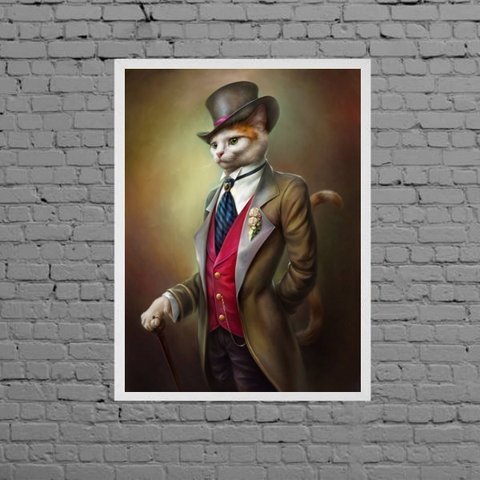 Quadro Gato Vestido De Gente 24x18cm - com vidro:Madeira branca