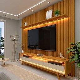 Rack Requinte Pés Madeira com Painel Ripado Nobre 230cm LED TV 85 Polegadas Gelius Naturale/Off - 1