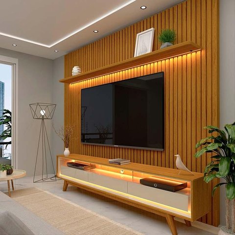 Rack Requinte Pés Madeira com Painel Ripado Nobre 230cm LED TV 85 Polegadas Gelius Naturale/Off