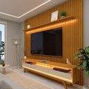 Ver imagem 1 de Rack Requinte Pés Madeira com Painel Ripado Nobre 230cm LED TV 85 Polegadas Gelius Naturale/Off