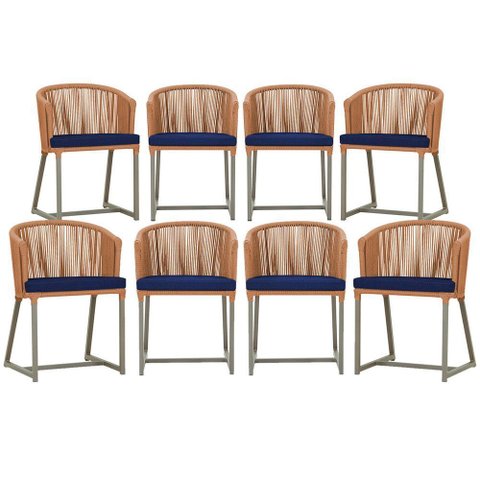 8 Cadeiras de Jantar Área Noronha em Alumínio com Pintura Fendi Corda Náutica Estofado 10 Trama Orig