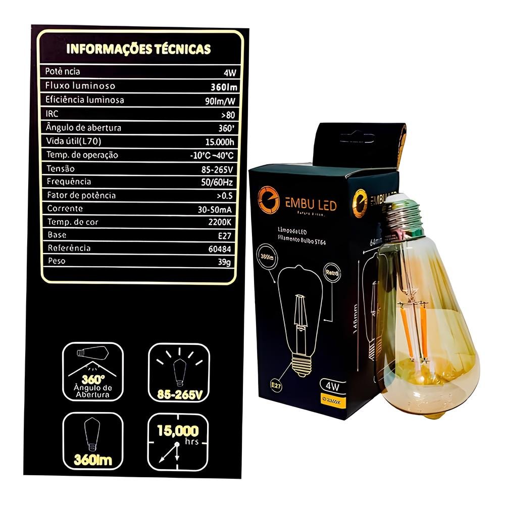 Kit 10 Lâmpada Retrô Decorativa Vintage Filamento de Carbono 4w 127v 220v St64 - 2