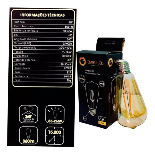 Kit 10 Lâmpada Retrô Decorativa Vintage Filamento de Carbono 4w 127v 220v St64 - 7