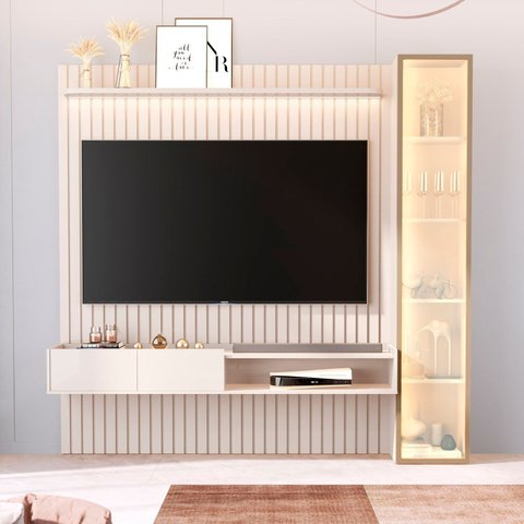 Painel para TV até 75 Polegadas Ripado com LED e Vidro Reflecta 100% MDF 219CMX223CM Vitoria Regia Yescasa Bege
