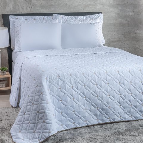 Cobre Leito Casal Padrão Ideale 200 Fios Bordado 6 Peças - Branco/caqui To Decorando