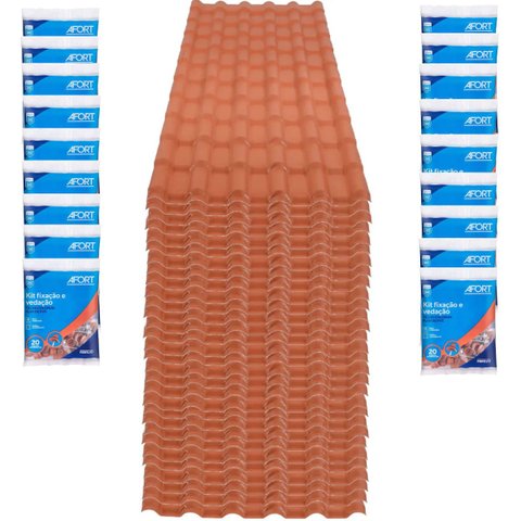 Kit 30 Telhas PVC Plan Cerâmica 2,42m x 88cm 6 Ondas Terracota + 360 Peças para Vedação e Fixação - 