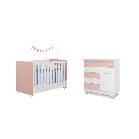 Quarto Infantil Berço Americano Encanto, Cômoda Adhara 5 Gavetas 1 Porta Branco/rosê - Fbaby