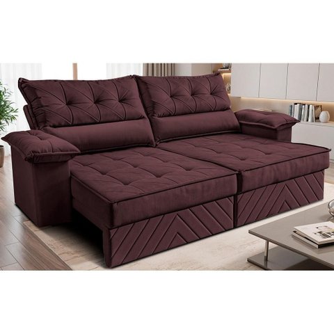 Sofá Retrátil e Reclinável 3,00m com Molas e Espuma D33 Thunder Velusoft Vinho Cama Inbox