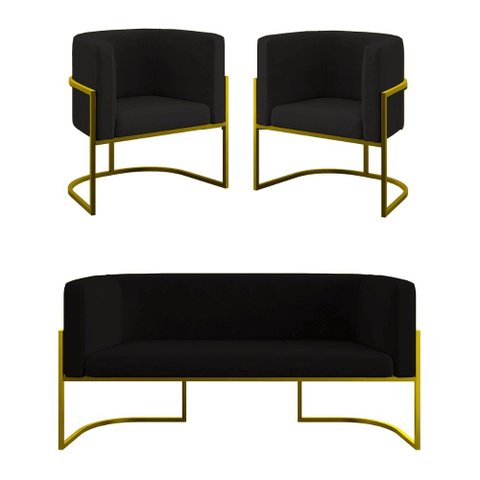 Kit 2 Poltronas + Sofá 2 Lugares para Recepção – Balaqui Cor:preto