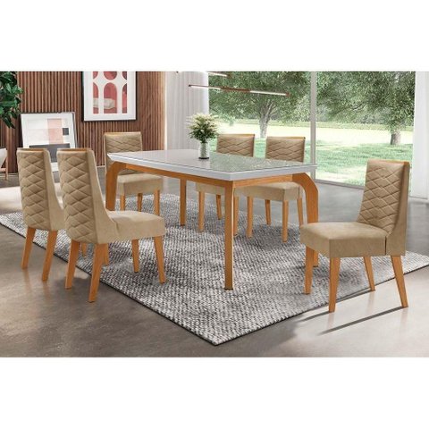 Conjunto: Mesa de Cozinha Londrina Tampo Madeirado C/ Vidro 180x90cm e 6 Cadeiras Dafne Capuccino/