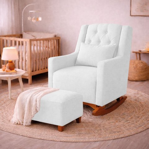 Poltrona de Amamentação Balanço e Puff Primeiro Amor Bouclé Branco
