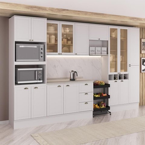 Cozinha Completa com Balcão Milla Iris 16 Portas 3 Gavetas MDF 360cm Branco Móveis Carraro