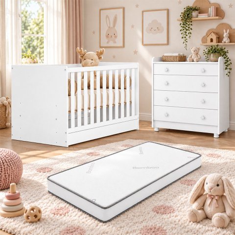 Kit Quarto de Bebê Doce Sonho com Berço Mini Cama Cômoda com Trocador e Colchão D18 130x70 Movellu