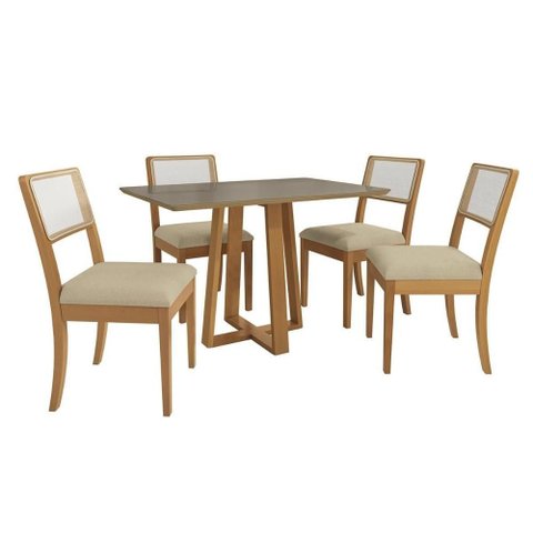 Sala Jantar Mesa Elma Premium Madeira Maciça C/ Tampo Madeirado C/ Vidro 120x80cm e 4 Cadeiras Lola