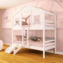 Ver imagem 1 de Beliche Casinha Dos Sonhos com Escada/ Escorregador Madeira Maciça Branco/ Rosa Megamobilia