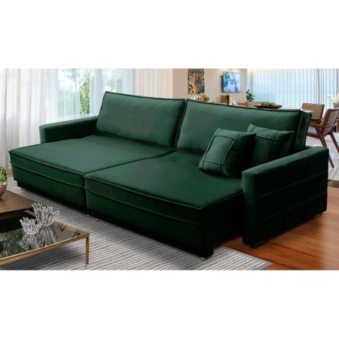 Sofá Cama Retrátil e Reclinável 2,10m com Molas Karen Veludo Verde Adonai Estofados