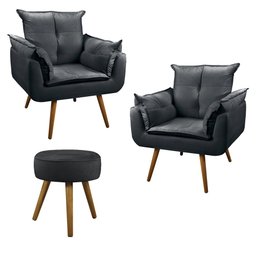 Conjunto 2 Poltronas Decorativas Opala e 1 Puff Redondo Pés Palito Suede Cinza Lual Decor - 1