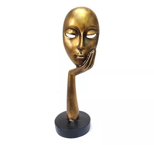 Escultura Estátua Máscara Face Mão no Rosto 36 Cm:dourado Envelhecido