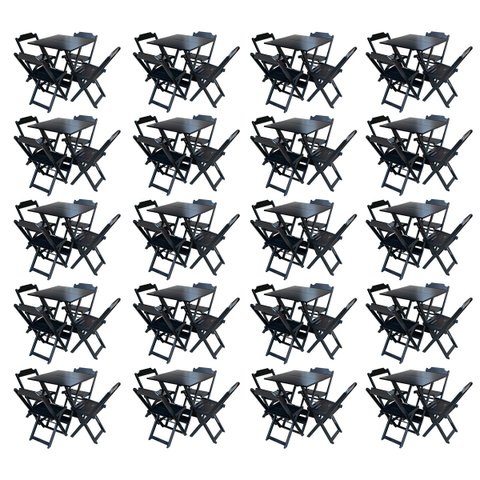 Kit 20 Jogos de Mesa com 4 Cadeiras de Madeira Dobrável 60x60 Ideal para Bar e Restaurante - Preto