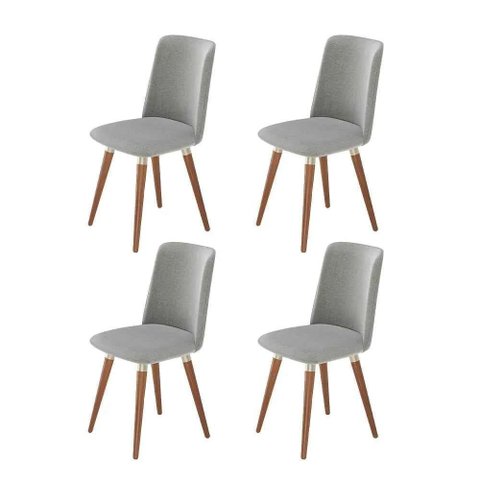 Kit de 4 Cadeiras de Madeira Maciça Estofada Dakota - Natural C/ Linho Cinza - Champanhe