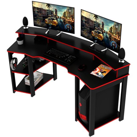 Mesa para Computador Gamer Espaço para 2 Monitores e Cpu Preto/Vermelho