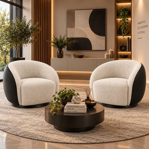 Kit 2 Poltrona Giratória 360° Orgânica Bouclé Sala Nuvem:Bouclê/Courino Sintético/ Off White Detalhe