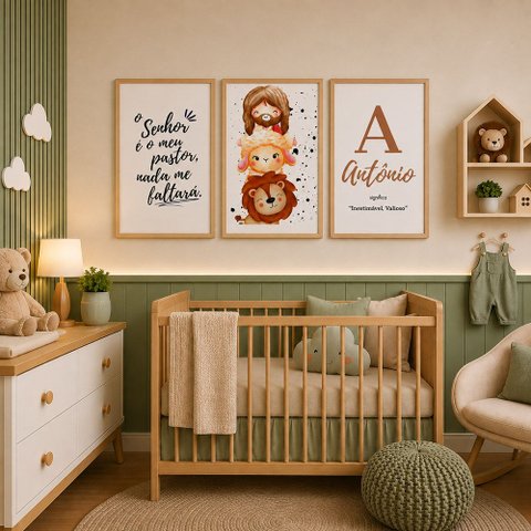 Kit Quadros Infantil com Nome - Jesus Pastor:30x45/Moldura Mel