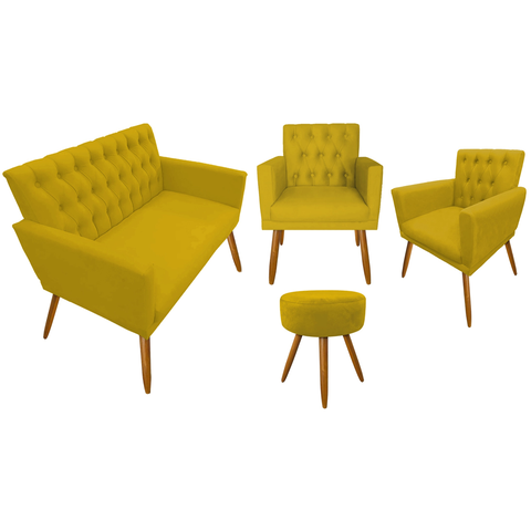 Conjunto 1 Namoradeira 2 Poltronas Decorativa Capitone com Puff