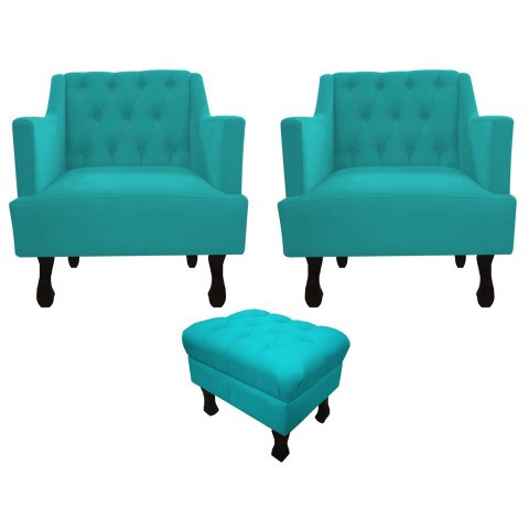 Kit 2 Poltronas Decorativa Julia + Puff Luis Xv Suede Azul Tifany Pés Madeira Ms Decor