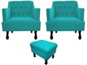 Ver imagem 1 de Kit 2 Poltronas Decorativa Julia + Puff Luis Xv Suede Azul Tifany Pés Madeira Ms Decor