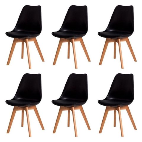 Kit C/6 Cadeiras Leda ? Charles Eames, Saarinen Wood com Almofada Preta