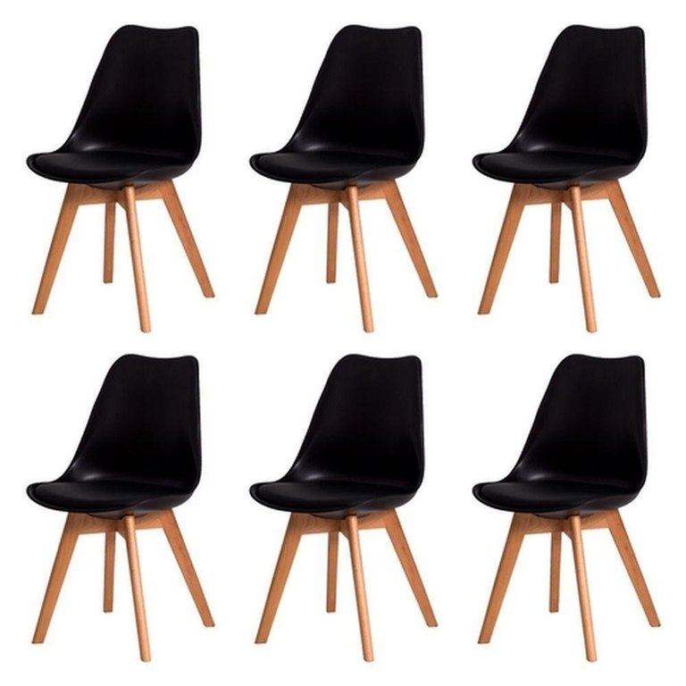 Kit C/6 Cadeiras Leda ? Charles Eames, Saarinen Wood Com Almofada Preta Kit C/6 Cadeiras Leda ? Charles Eames, Saarinen Wood Com Almofada Preta
