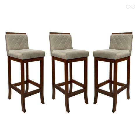 Kit 3 Banquetas Média com Encosto Matelassê Nice Madeira Maciça Suede Bege CCS