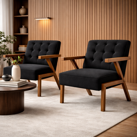 Kit 2 Poltronas Zara Capitone Tecido Boucle Moderna Decorativa Pés em Madeira Maciça para Sala de Es