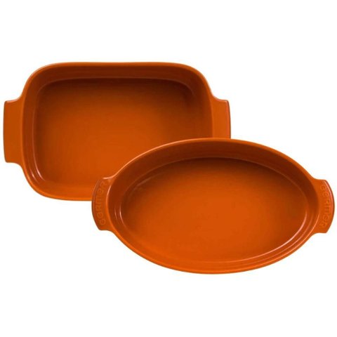 Jogo 2 Travessas Grandes em Porcelana Germer Assar e Servir Retangular 4,9l e Oval 2,9l Laranja