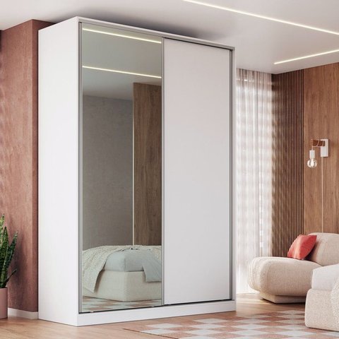 Guarda-Roupa Solteiro 2 Portas de Correr 1 com Espelho 3 Gavetas Aura Branco