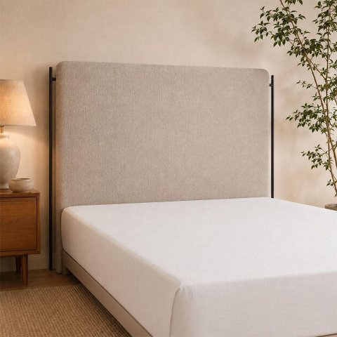 Cabeceira Estofada Casal Almeria Madeira Maciça Revestimento em Linho Bege Sallar Home