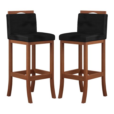 Kit 2 Banquetas Alta Encosto Estofado 38x102 cm Turim Madeira Maciça Castanho Suede Preto CCS