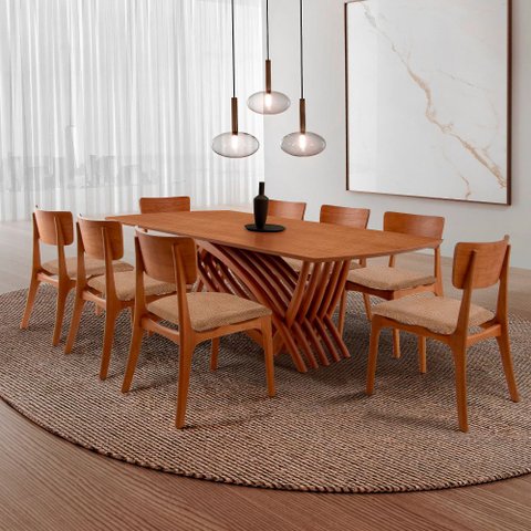 Conjunto Sala de Jantar Mesa Venus Tampo 220cm Laminado Barril e 8 Cadeiras Viena Gold